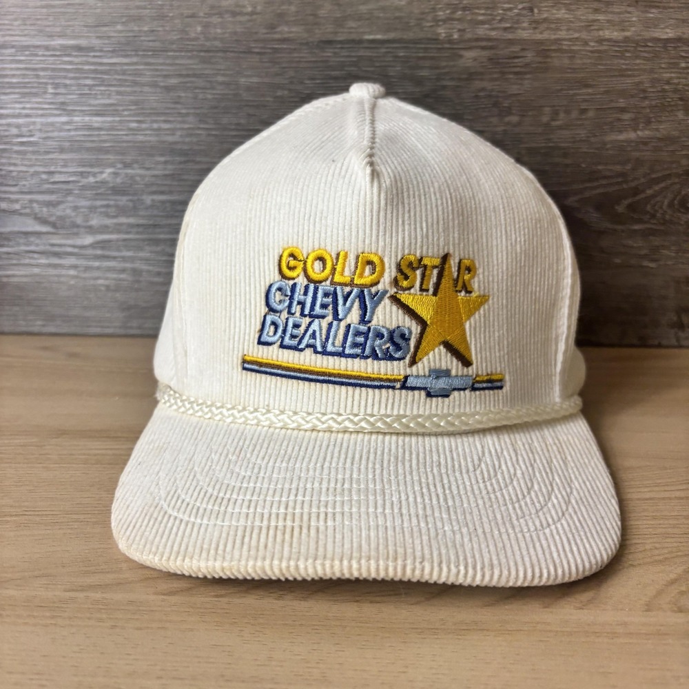 Vintage Gold Star Chevy Dealers Hat Cap Snap Back Corduroy Embroidered Mens 80s